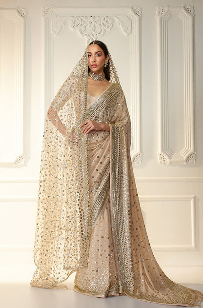 Beige Georgette With Taban Embroidered Saree Set