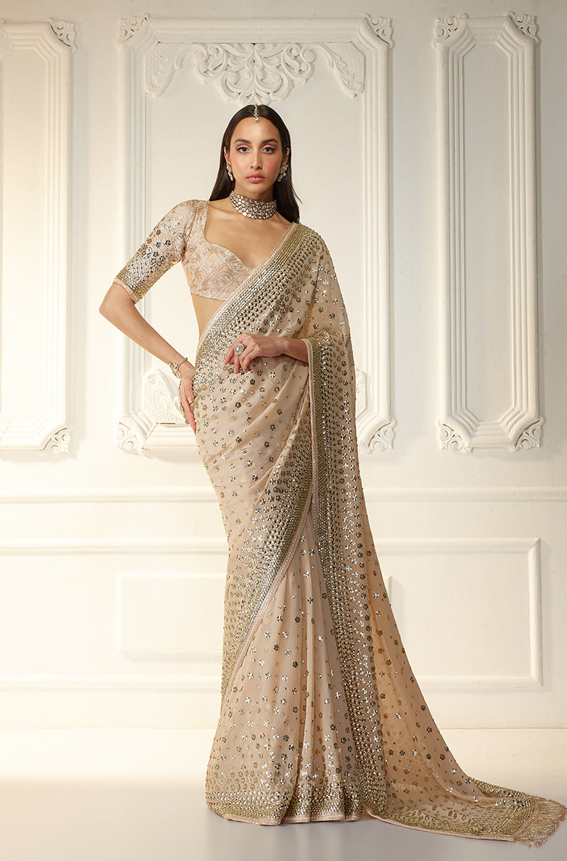 Beige Georgette With Taban Embroidered Saree Set