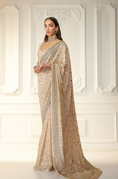 Beige Georgette With Taban Embroidered Saree Set