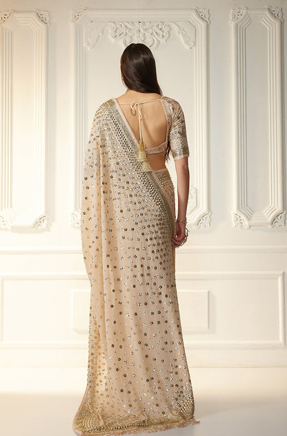 Beige Georgette With Taban Embroidered Saree Set