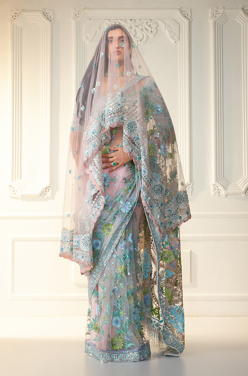 Soft Pastel Pink Tulle Kashmiri Embroidered Saree Set