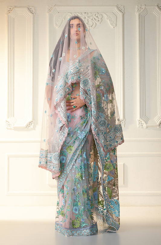 Soft Pastel Pink Tulle Kashmiri Embroidered Saree Set