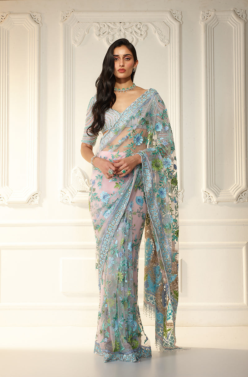 Soft Pastel Pink Tulle Kashmiri Embroidered Saree Set