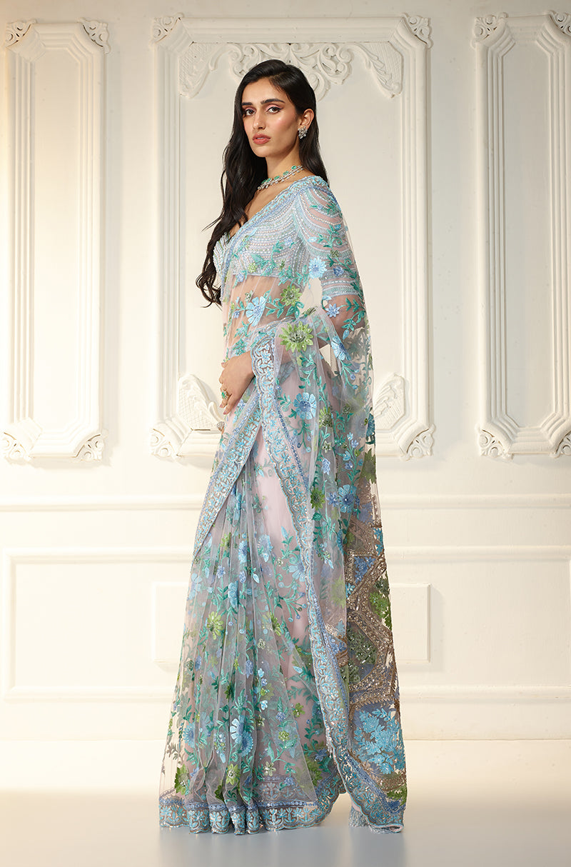 Soft Pastel Pink Tulle Kashmiri Embroidered Saree Set