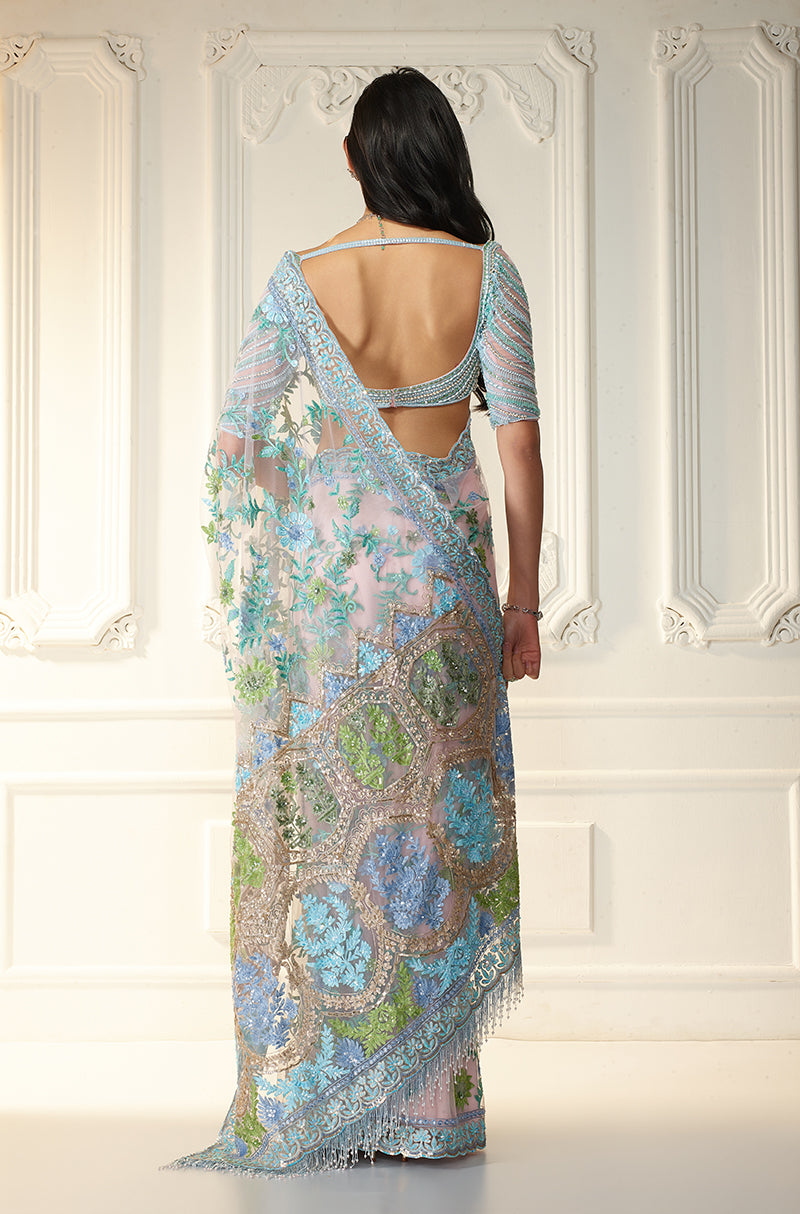 Soft Pastel Pink Tulle Kashmiri Embroidered Saree Set