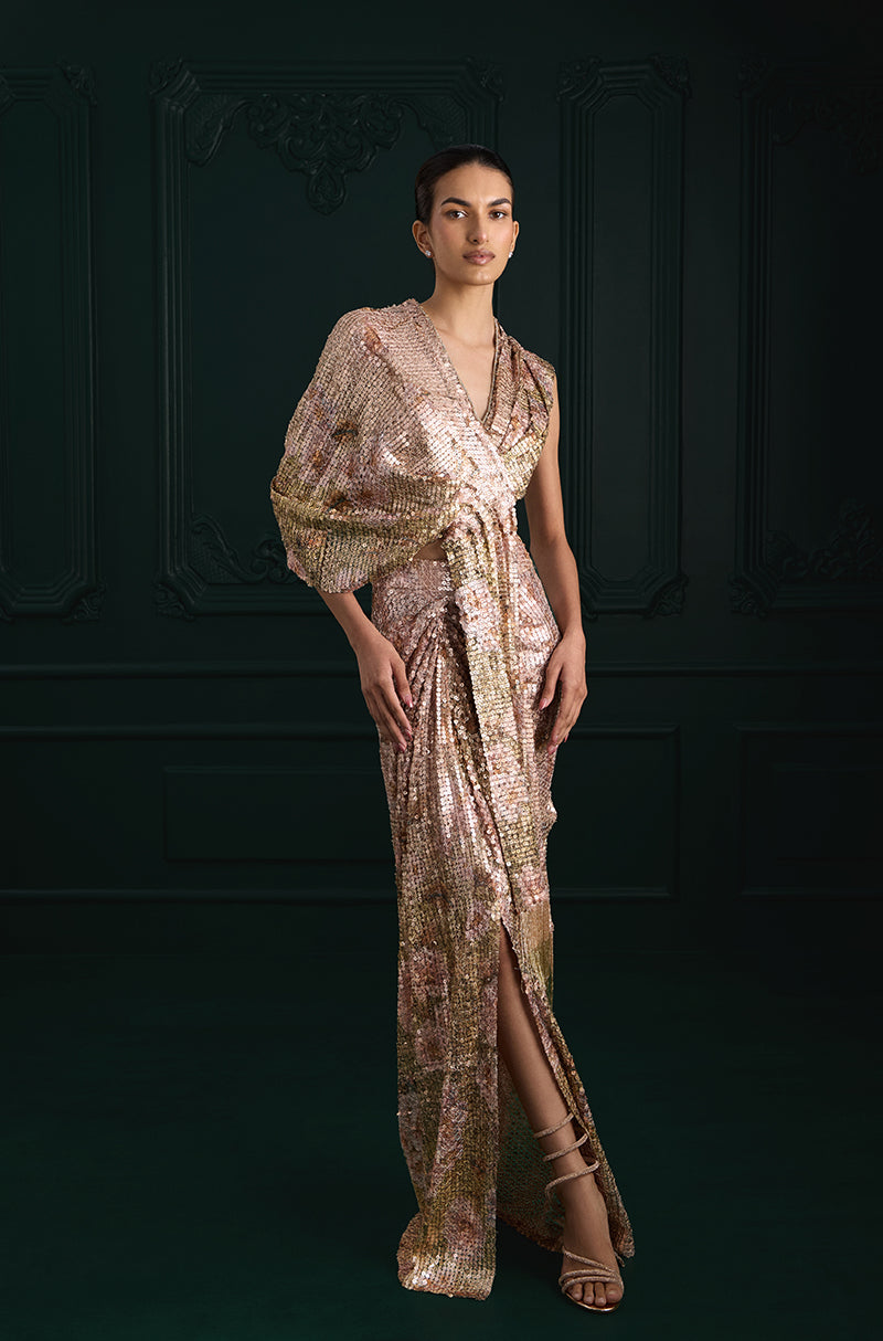 Rose Gold Sequin Sheeted Printed Lace Saree Set