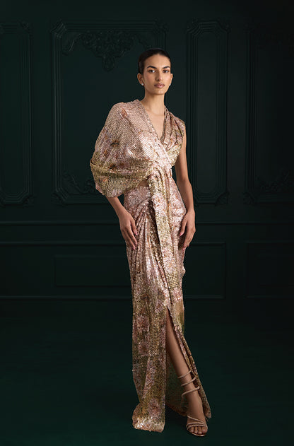 Rose Gold Sequin Sheeted Printed Lace Saree Set