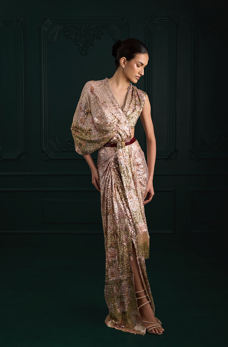 Rose Gold Sequin Sheeted Printed Lace Saree Set