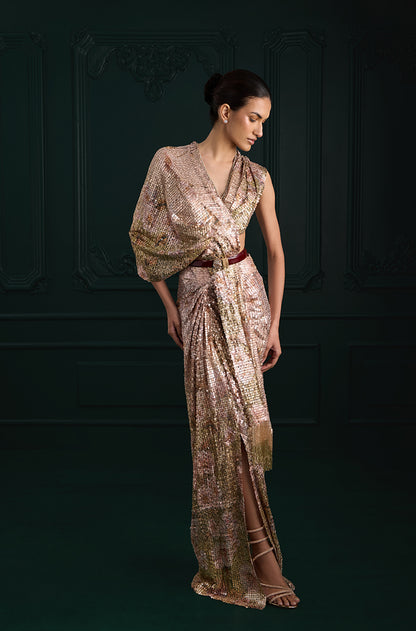 Rose Gold Sequin Sheeted Printed Lace Saree Set