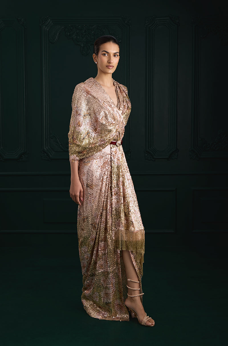Rose Gold Sequin Sheeted Printed Lace Saree Set