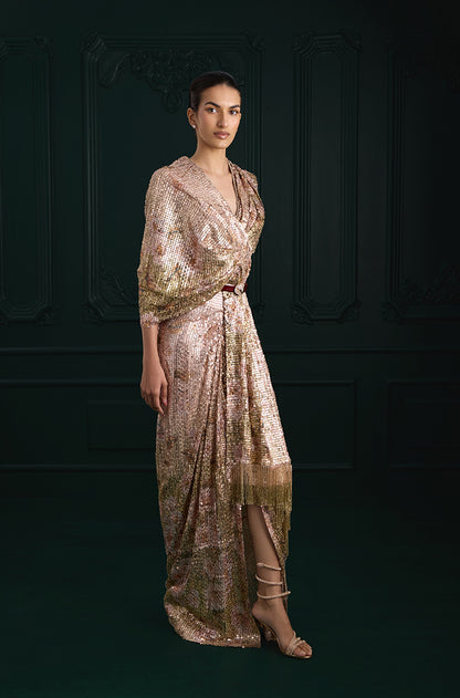 Rose Gold Sequin Sheeted Printed Lace Saree Set