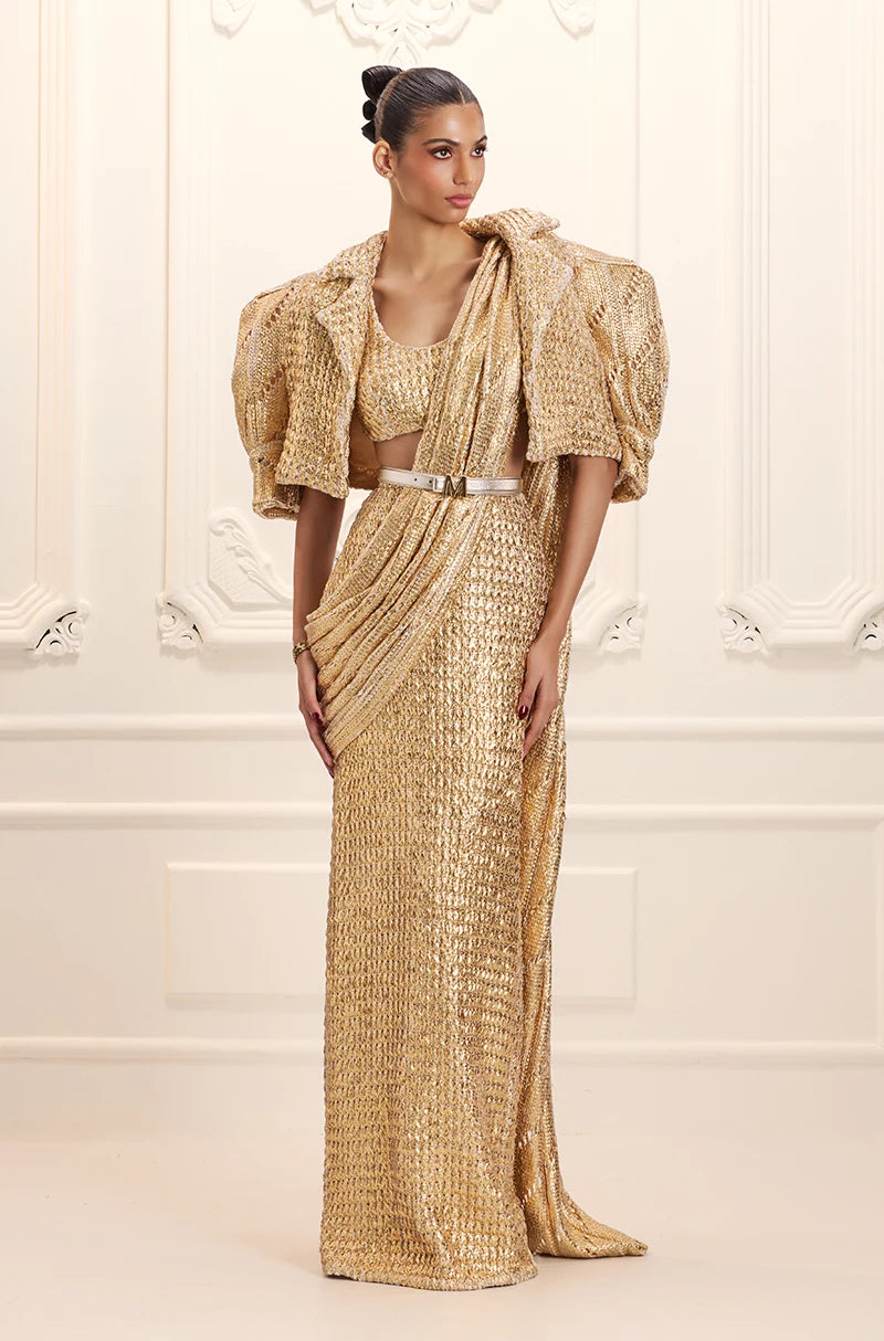 Gold Knitted Foil Saree Set