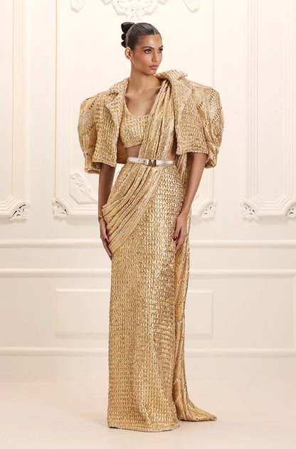 Gold Knitted Foil Saree Set