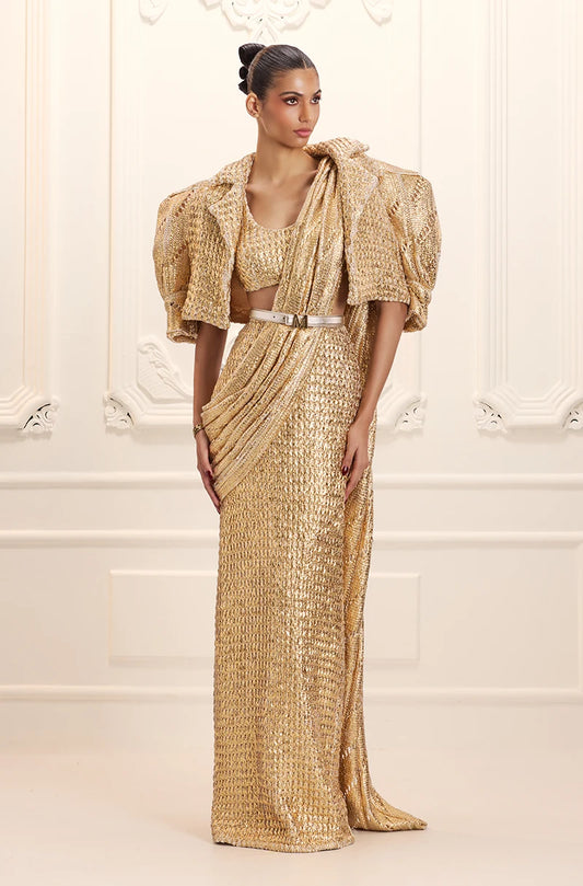 Gold Knitted Foil Saree Set
