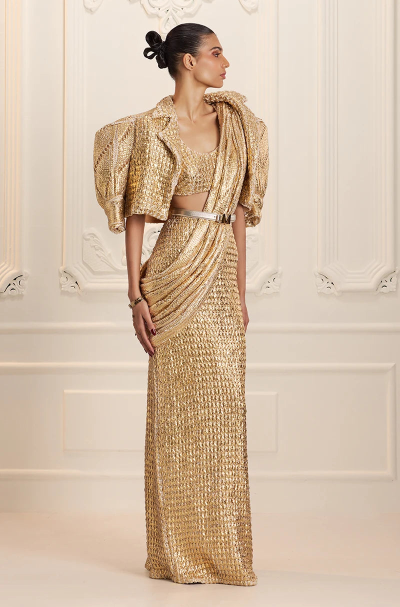 Gold Knitted Foil Saree Set