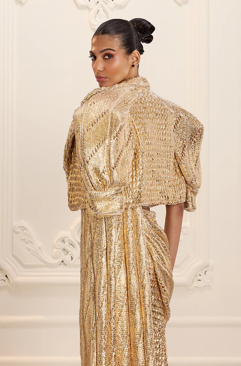 Gold Knitted Foil Saree Set