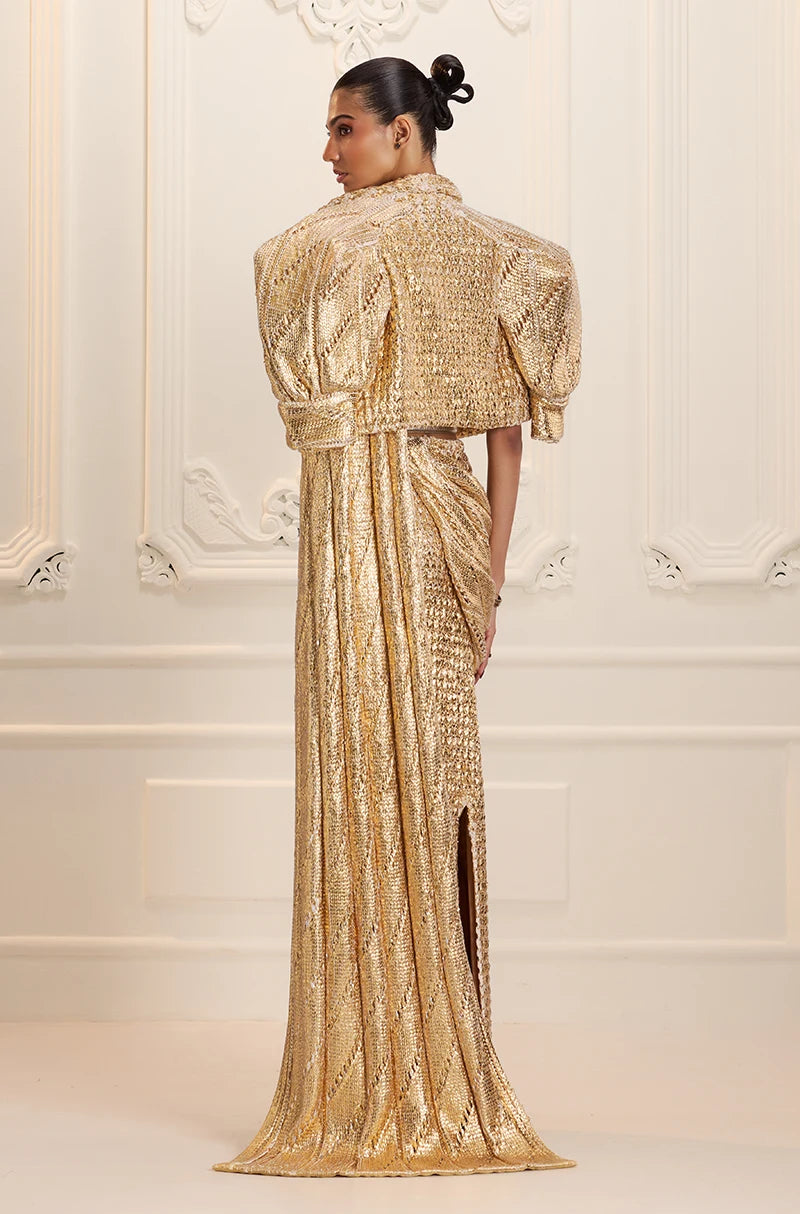 Gold Knitted Foil Saree Set