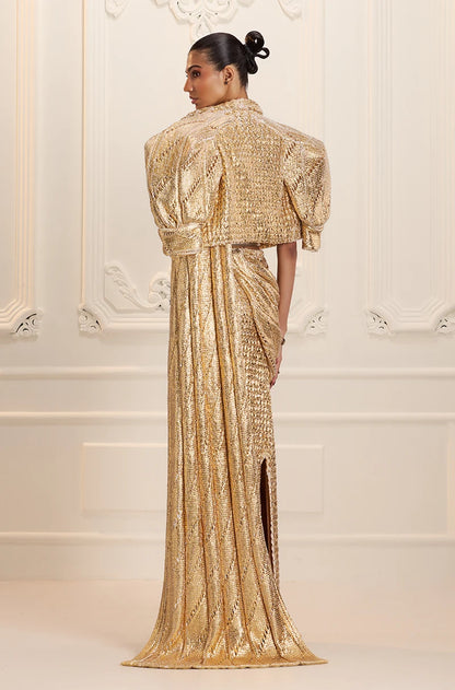 Gold Knitted Foil Saree Set