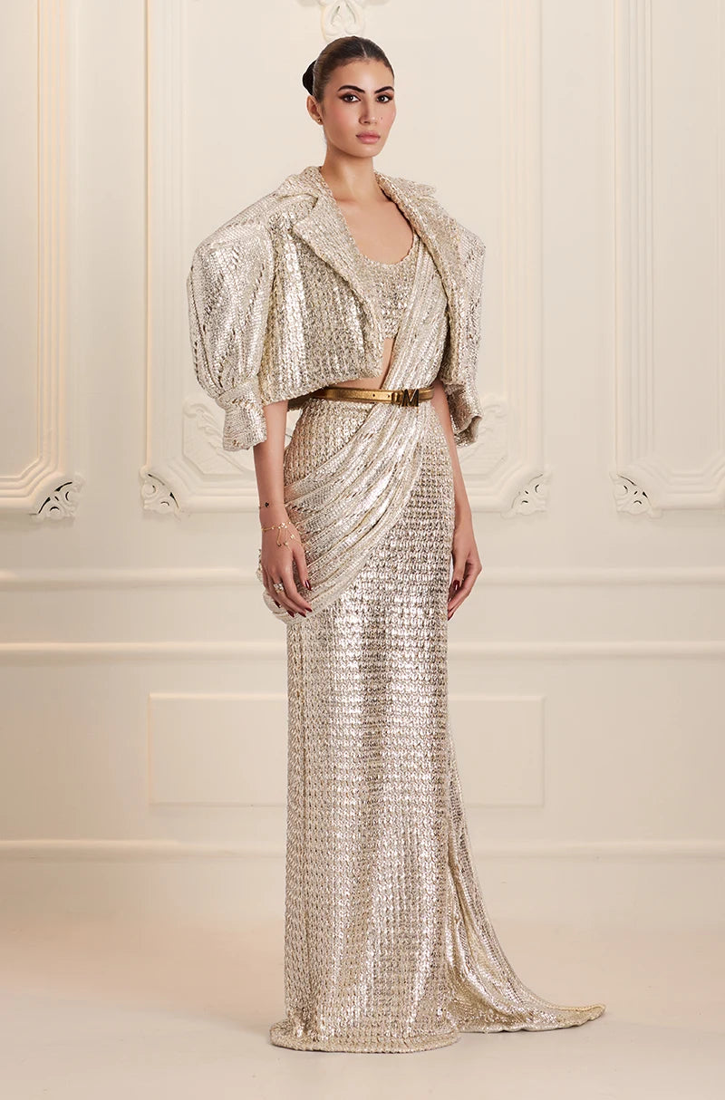 Silver Knitted Foil Draped Saree Set