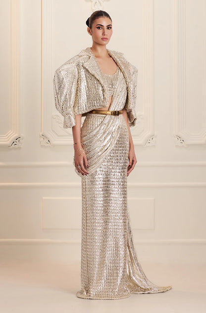 Silver Knitted Foil Draped Saree Set