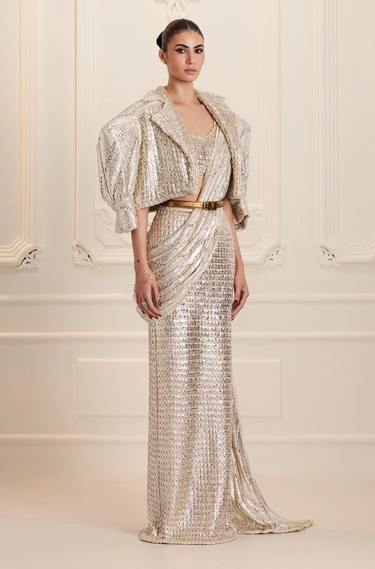 Silver Knitted Foil Draped Saree Set