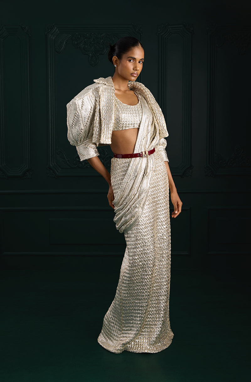 Silver Knitted Foil Draped Saree Set