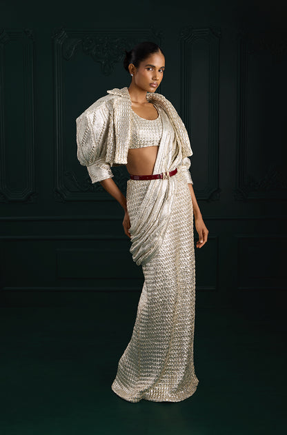 Silver Knitted Foil Draped Saree Set