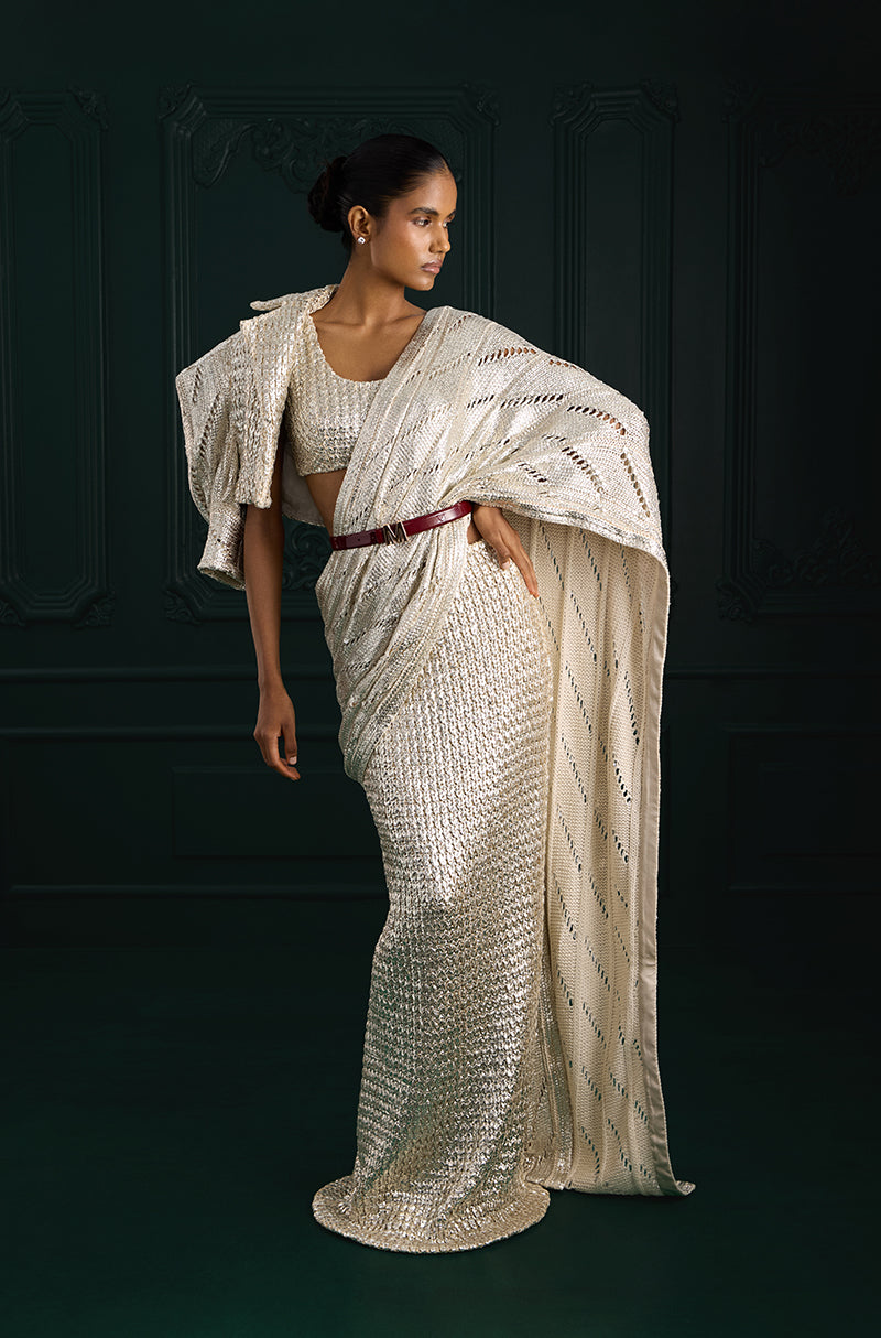 Silver Knitted Foil Draped Saree Set