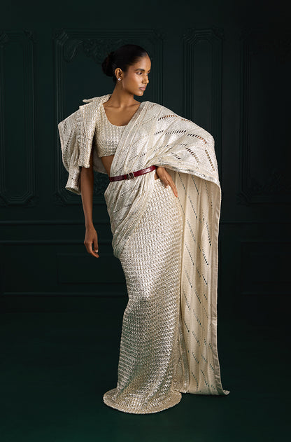 Silver Knitted Foil Draped Saree Set