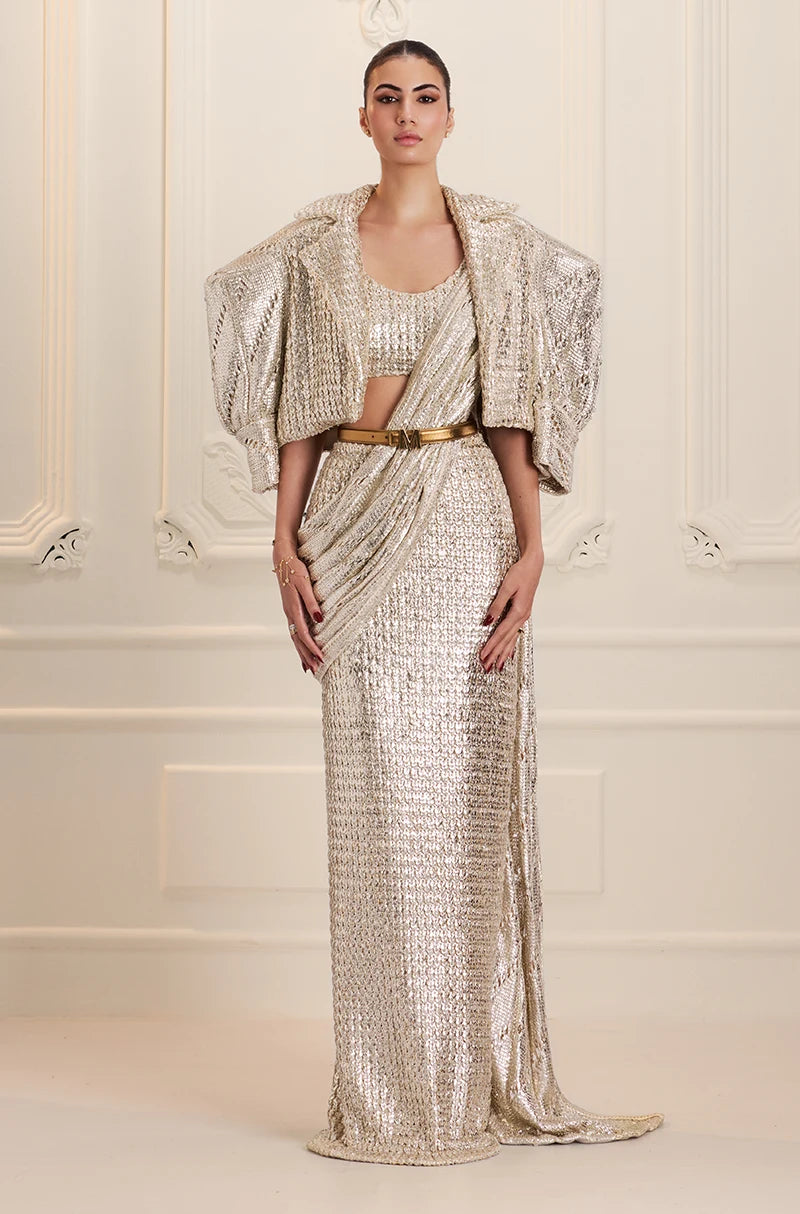 Silver Knitted Foil Draped Saree Set