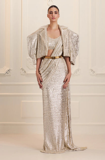 Silver Knitted Foil Draped Saree Set