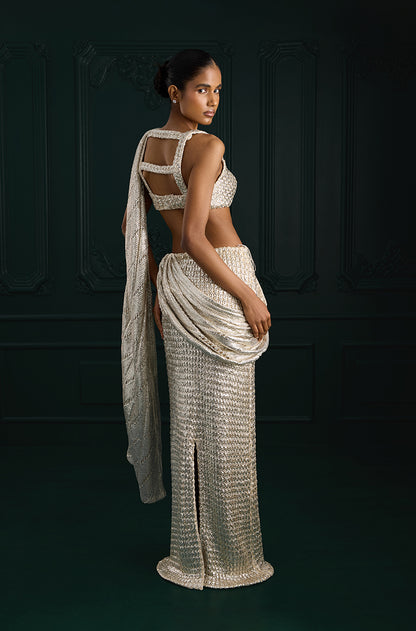 Silver Knitted Foil Draped Saree Set