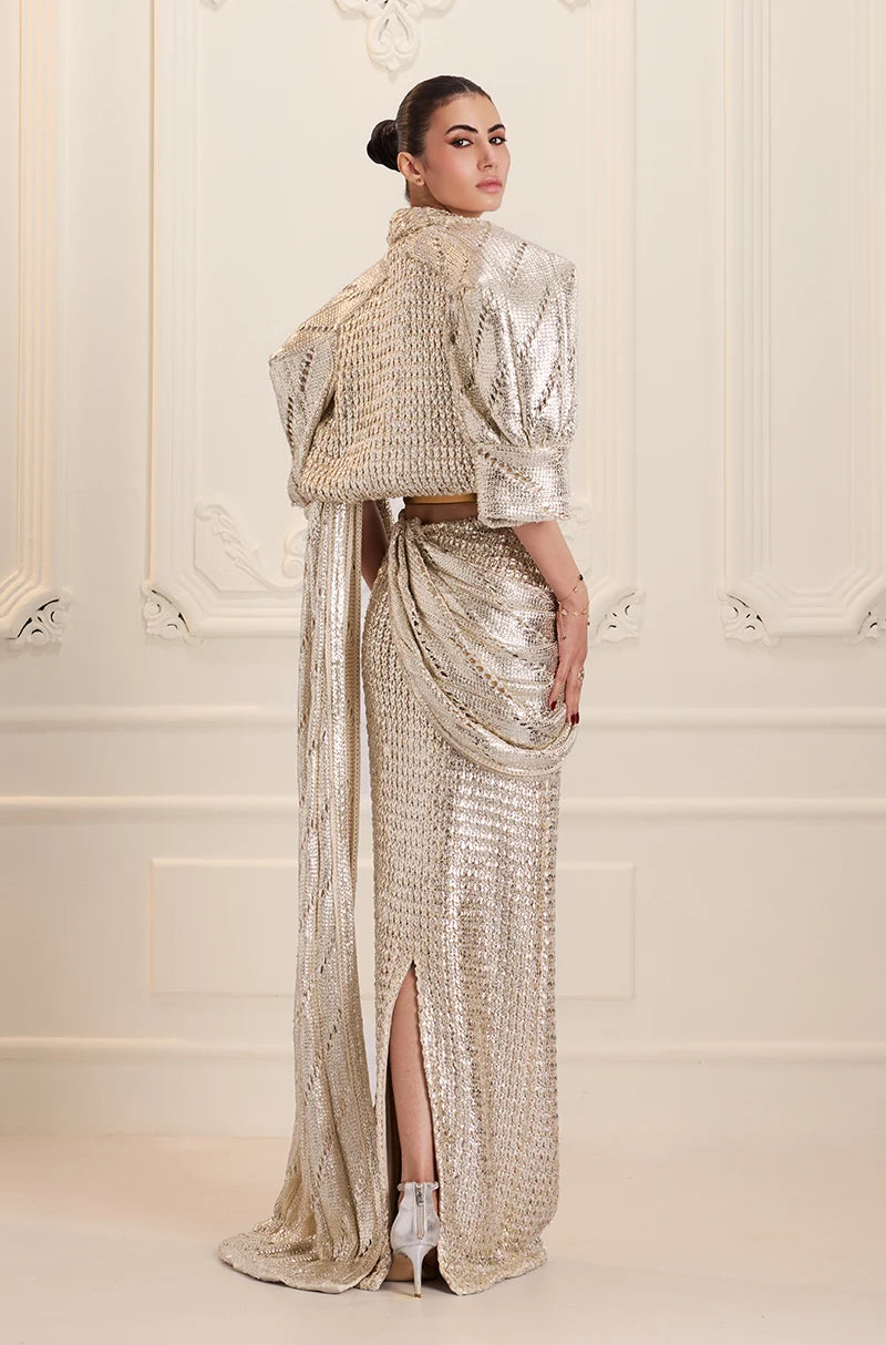 Silver Knitted Foil Draped Saree Set