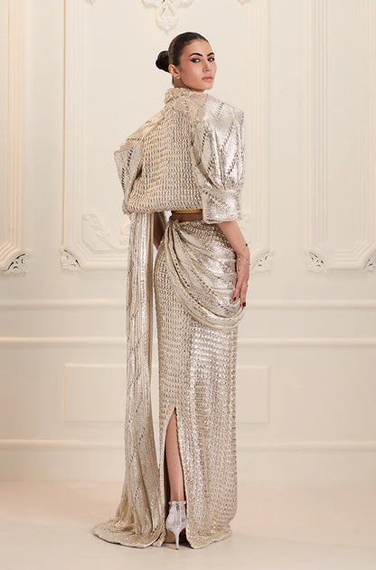 Silver Knitted Foil Draped Saree Set