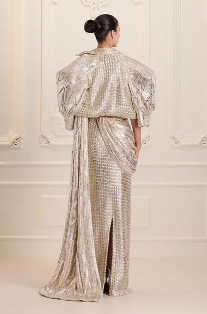 Silver Knitted Foil Draped Saree Set