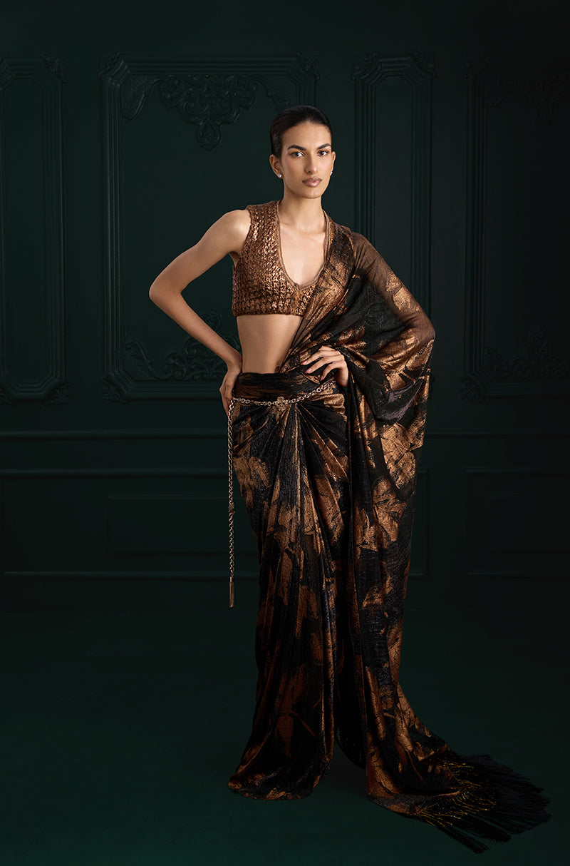Copper Black Print Knit Foil Pre-Pleated Drape Saree Set