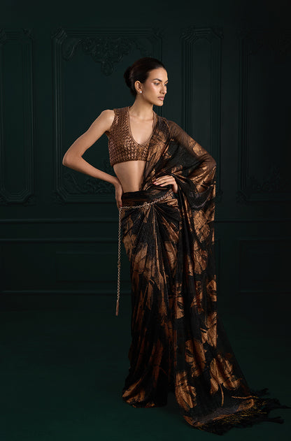 Copper Black Print Knit Foil Pre-Pleated Drape Saree Set