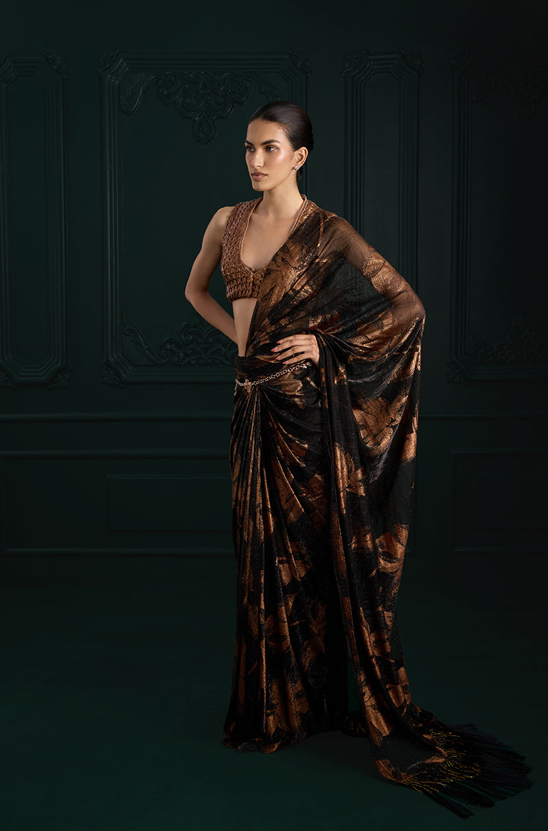 Copper Black Print Knit Foil Pre-Pleated Drape Saree Set