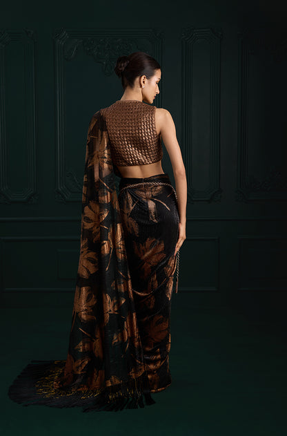 Copper Black Print Knit Foil Pre-Pleated Drape Saree Set