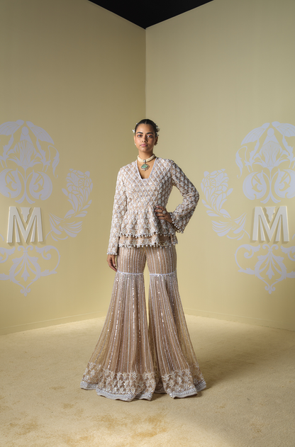 Sand Sequin Peplum Sharara Set