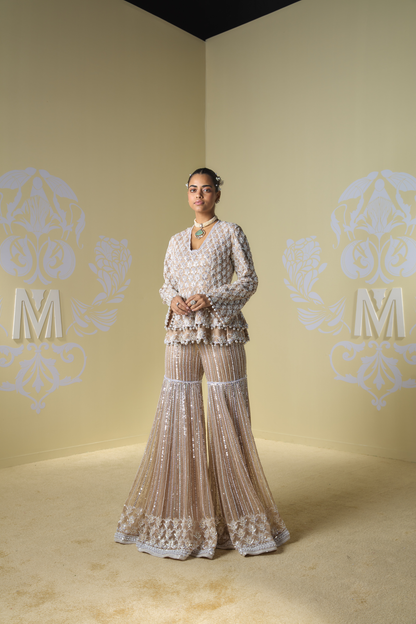 Sand Sequin Peplum Sharara Set