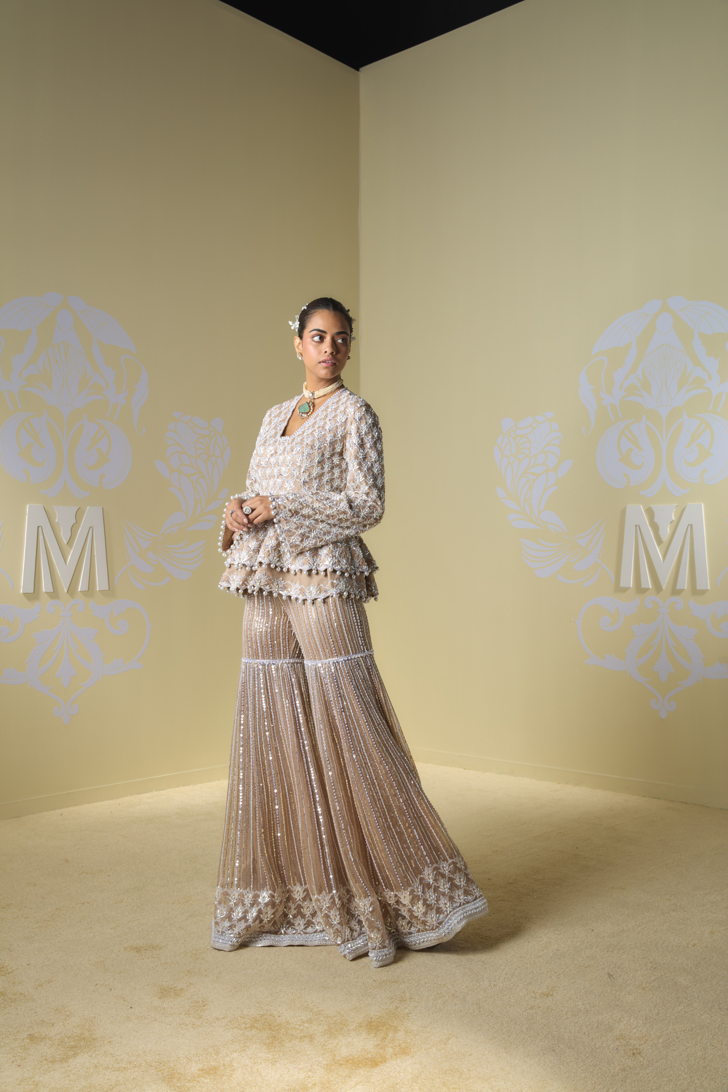 Sand Sequin Peplum Sharara Set