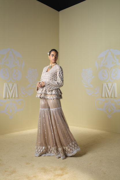 Sand Sequin Peplum Sharara Set