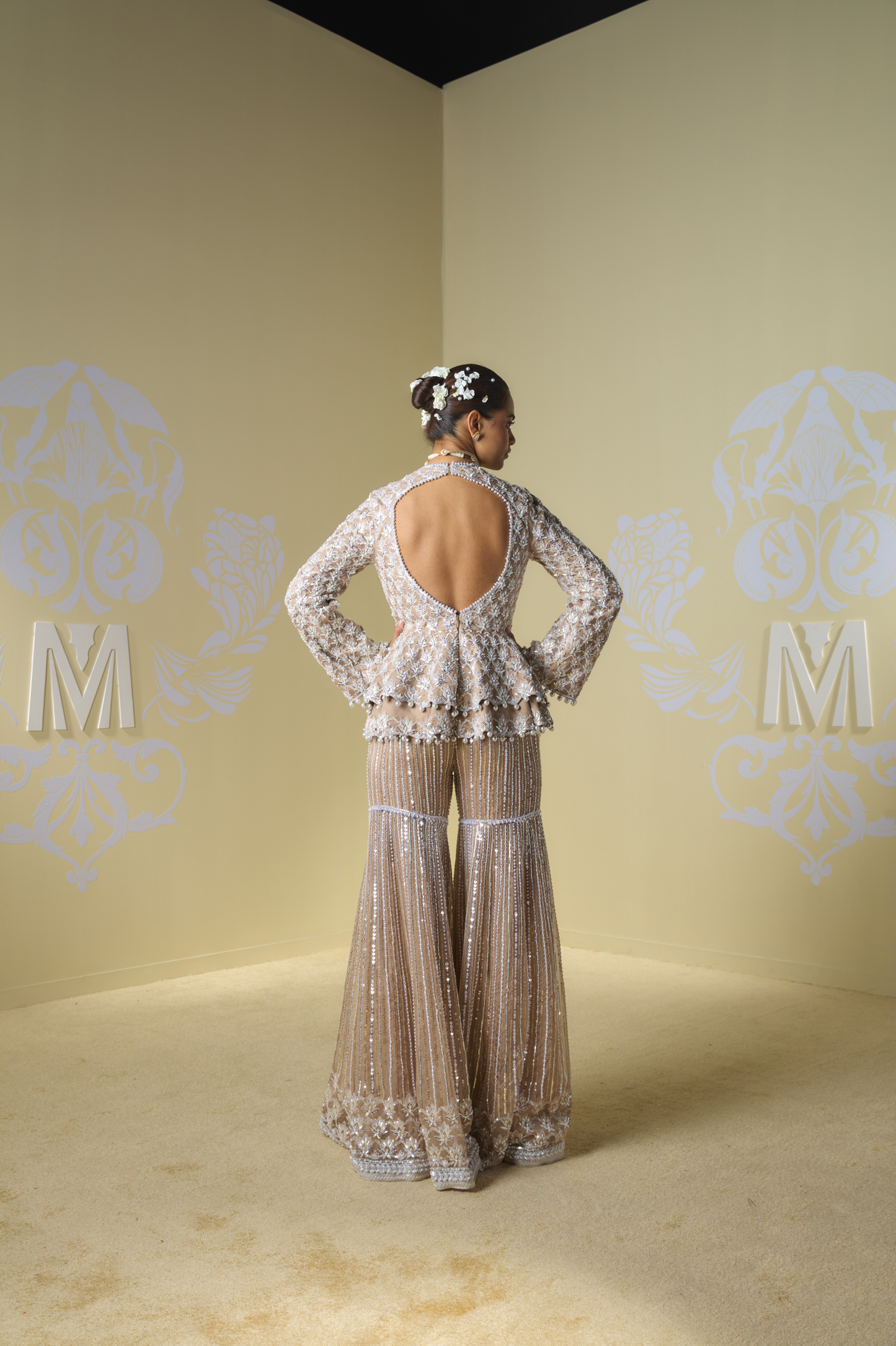 Sand Sequin Peplum Sharara Set
