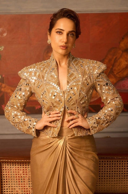 Kusha Kapila in our Gold Mirror Peplum Jacket Skirt Set
