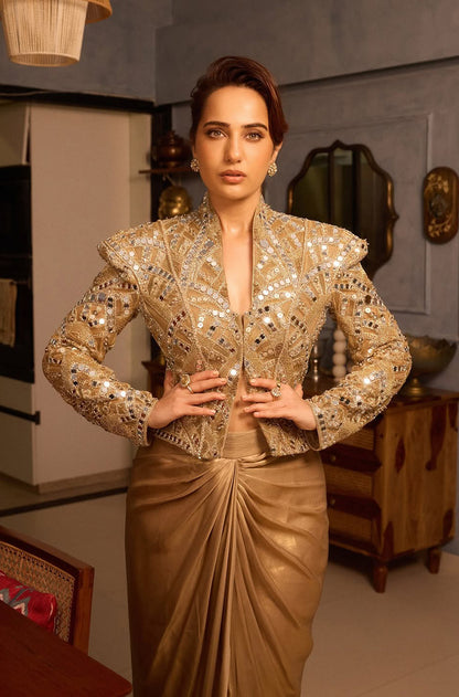 Kusha Kapila in our Gold Mirror Peplum Jacket Skirt Set