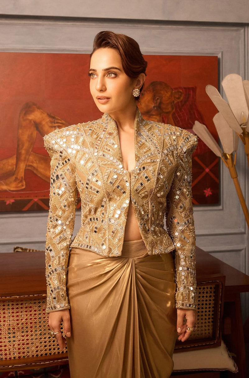 Kusha Kapila in our Gold Mirror Peplum Jacket Skirt Set