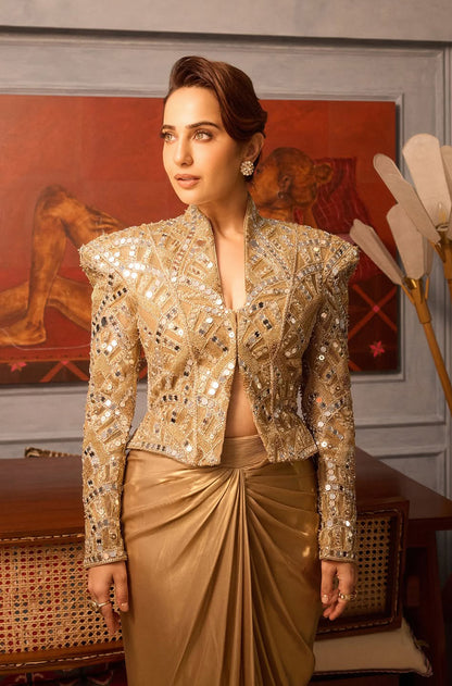 Kusha Kapila in our Gold Mirror Peplum Jacket Skirt Set