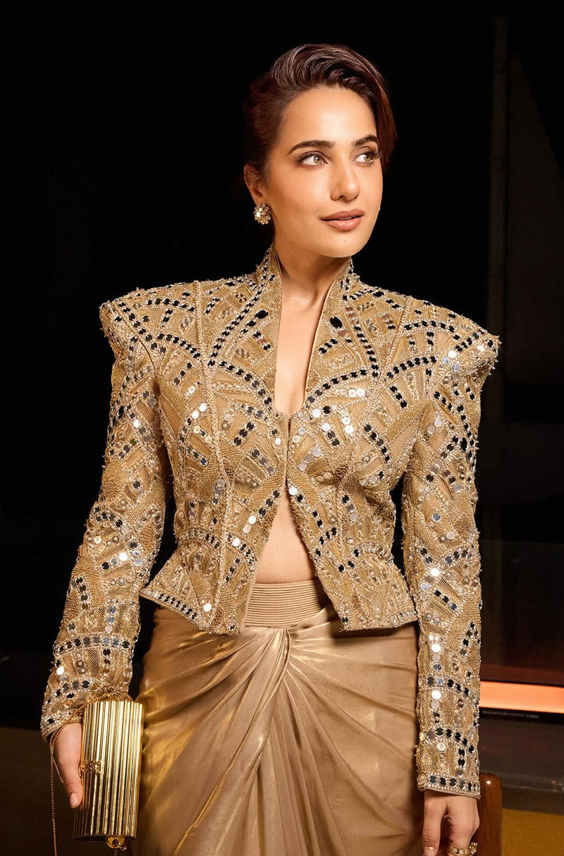Kusha Kapila in our Gold Mirror Peplum Jacket Skirt Set