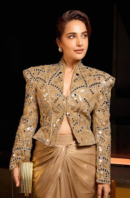 Kusha Kapila in our Gold Mirror Peplum Jacket Skirt Set